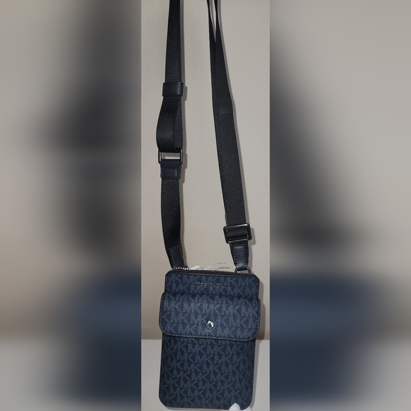 Blue/Navy color Michael Kors Signature PVC Leather Slim Phone Case Crossbody Bag - Picture 9 of 9